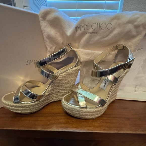 Jimmy Choo Gold/Champage Porto Platform Wedge Espadrille Sandal EU36/6 - Picture 11 of 16